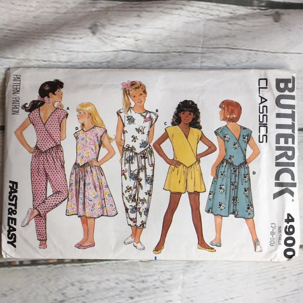 Vintage Butterick Classics 1987 Sewing Pattern 4900 Girl's Jumpsuit/Dress 7-8-10